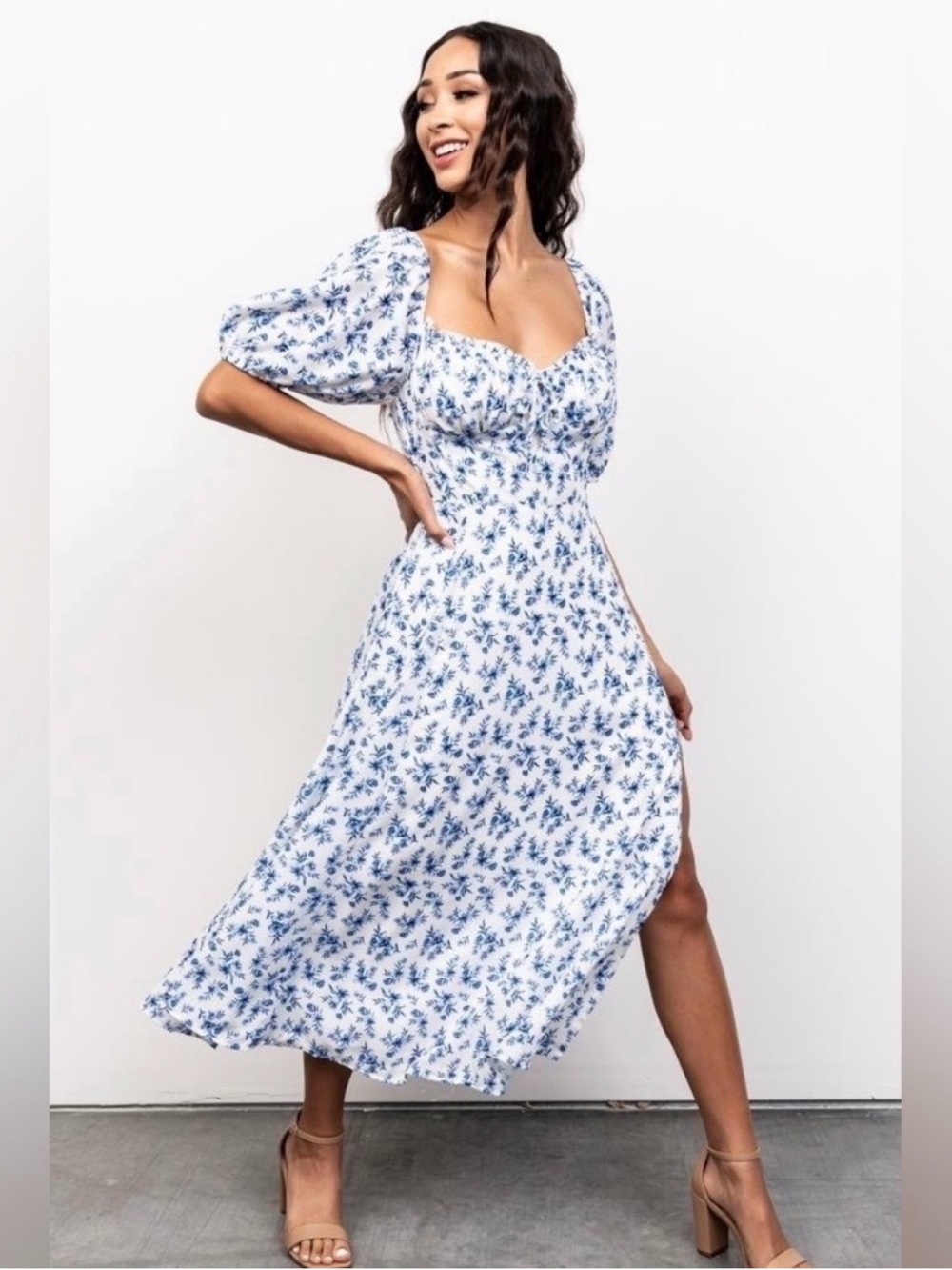 Baltic Born Gwen Smocked Midi Dress Blue Floral Midi puff sleeve XL